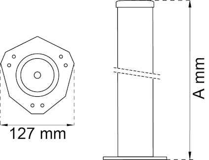 Sexkantig bas med 127 mm bredd och tillhörande cylindrisk stolpe markerad med "A mm".