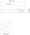 Ritning av skruv och plugg med mått: skruv 35 mm lång, 15 mm diameter; plugg 21 mm, med en 5 mm gängad del.