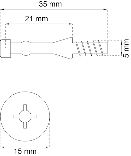 Ritning av skruv och plugg med mått: skruv 35 mm lång, 15 mm diameter; plugg 21 mm, med en 5 mm gängad del.