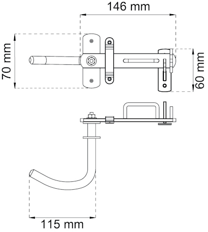 Ritning av en låsanordning med måttangivelser: 146 mm, 70 mm, 60 mm, 115 mm.