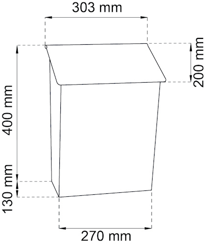 Skiss av en brevlåda med måtten 400 x 270 x 200 mm, lockets höjd 130 mm, total bredd 303 mm.