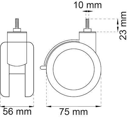 Konstruktion av en möbelhjul med mått: 56 mm bredd, 75 mm diameter, 10 mm skruv, och 23 mm skruvhöjd.