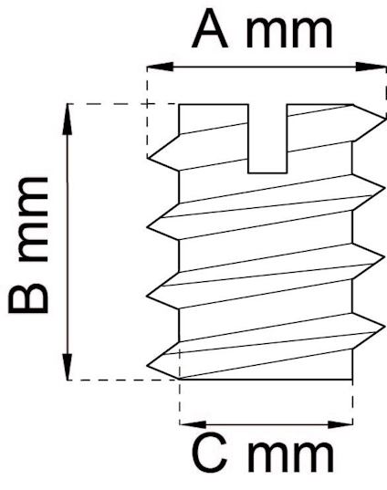 Diagram av en skruv med märkningar för mått A, B, och C i millimeter.