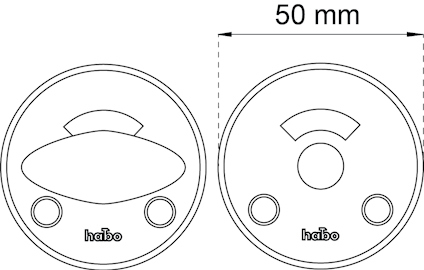 Två runda, linjetecknade objekt med texten "habo", och en markerad storlek på 50 mm.