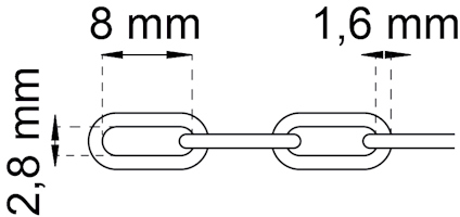 Ritning av kedja med mått: 2,8 mm höjd, 8 mm längd mellan länkar, 1,6 mm bredd på länk.