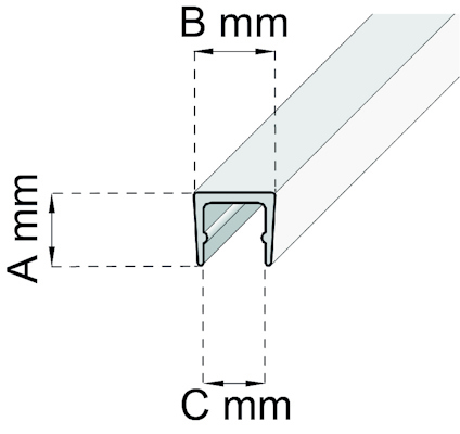 Diagram av en U-profil med måtten A mm, B mm och C mm markerade.