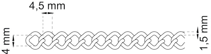 Diagram showing measurements of a chain: 4 mm height, 4.5 mm width, and 1.5 mm link thickness.