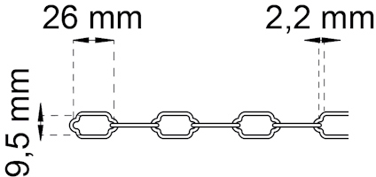 Kedjaschnits med måttangivelser: 26 mm, 9,5 mm, 2,2 mm.