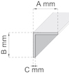 Diagram med vinklat objekt, markerat som "A mm", "B mm" och "C mm".
