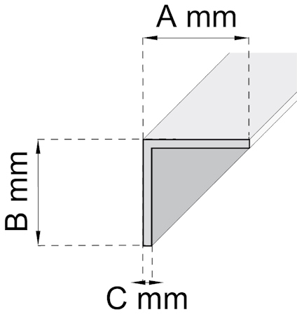 Diagram med vinklat objekt, markerat som "A mm", "B mm" och "C mm".