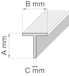 Diagram av en T-profil i perspektivvy med måtten A mm, B mm och C mm markerade.