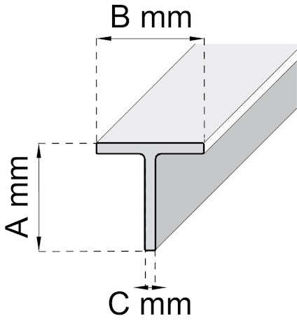 Diagram av en T-profil i perspektivvy med måtten A mm, B mm och C mm markerade.