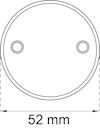 Svartvit ritning av en cirkel med två små cirklar inuti och texten "52 mm" under.