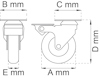 Diagram av en svängbar hjulritning med märkning för mått: A, B, C, D, E mm.