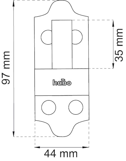 Skiss av en metalldel från Habo med mått: 97 mm höjd, 44 mm bredd och 35 mm del.