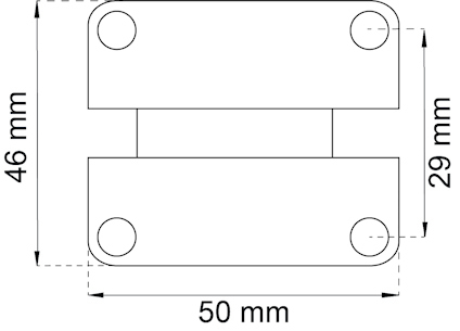 Ritning av gångjärn med mått: 50 mm bred, 46 mm hög, 29 mm djup. Fyra skruvhål markerade.