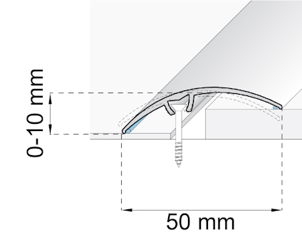Snitt av en täckprofil med skruv; 0-10 mm justering, bredd 50 mm.