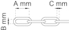 Diagram av en kedjelänk med måtten A mm, B mm och C mm angivna för längd, bredd och diameter.