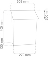 Schematiskt diagram av en låda med dimensionerna: 303 mm bredd, 400 mm höjd, 200 mm djup topp, 270 mm djup botten.