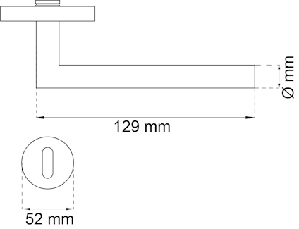 Ritning av dörrhandtag med mått: Längd 129 mm, handtagets diameter okänd, basens diameter 52 mm.