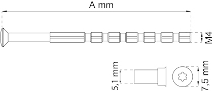 Ritning av en skruv med mått: längd A mm, diameter 5,1 mm, skalle 7,5 mm, gängad del M4.