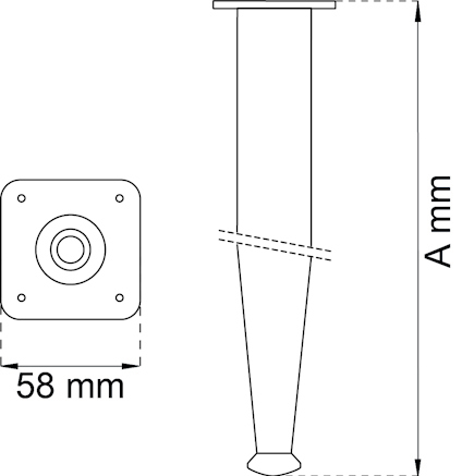 Diagram av en konformad komponent med platt topp, 58 mm bred. Höjd markerad som A mm.