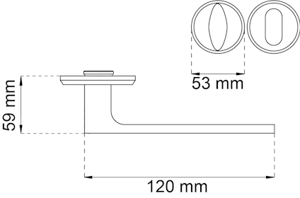 Ritning av dörrhandtag med måtten 59 mm höjd, 120 mm längd och rosettens diameter 53 mm.