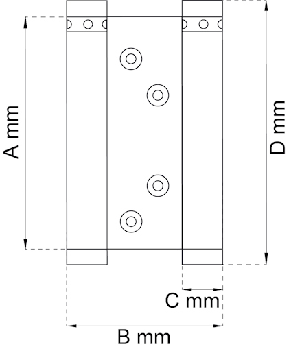 Ritning av en komponent med fyra cirkulära hål och måttangivelser A, B, C och D i millimeter.