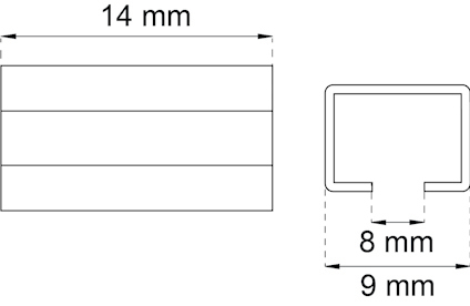 Ritning av en profil med måtten 14 mm bredd, 8 mm invändig bredd och 9 mm yttre höjd.