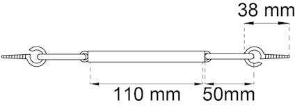 Illustration av ett stängningsbeslag med måtten 110 mm och 50 mm, och en krok avstånd på 38 mm.