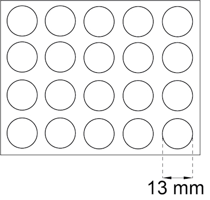 Diagram med 20 cirklar ordnade i rader, med ett mellanrum på 13 mm mellan cirklar.