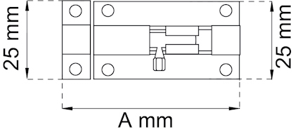 Ritning av rektangulärt beslag med fyra skruvhål. Mått: 25 mm x 25 mm. Markerat på längden är "A mm".
