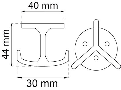 Diagram av en krok med måtten 40x44x30 mm, sedd från sidan och framifrån.