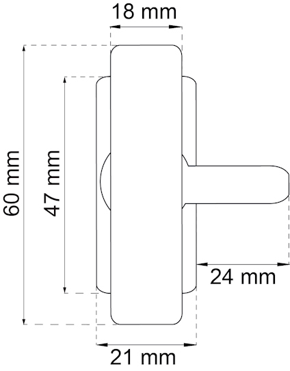 Ritning av en dörrknopp med mått: höjd 60 mm, djup 21 mm, grepp 24 mm, och bredd 18 mm.