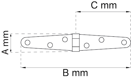 Illustration av en gångjärn med måttangivelser: A mm, B mm, C mm. Fyra hål synliga på ena sidan, två på andra.