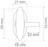 Ritning av ett ovalt dörrhandtag med mått: 21x49 mm ovalt, 53 mm längd, 22 mm bredd på handtag, 19 mm mittdel.
