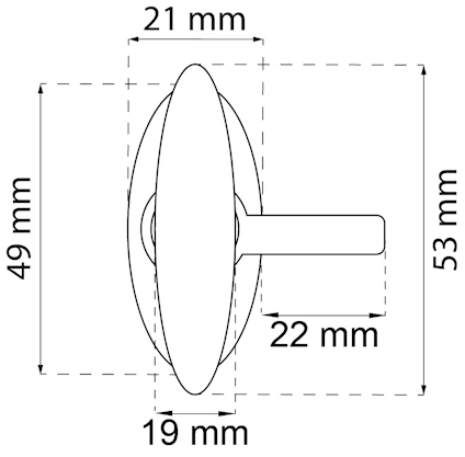 Ritning av ett ovalt dörrhandtag med mått: 21x49 mm ovalt, 53 mm längd, 22 mm bredd på handtag, 19 mm mittdel.