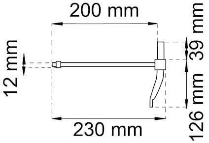 Teknisk ritning av en hävarm: längd 230 mm, höjd 126 mm, bredd 39 mm, tjocklek 12 mm.