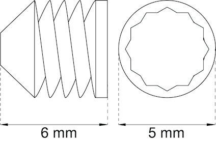 Diagram av en skruv med måtten 6 mm och 5 mm markerade.