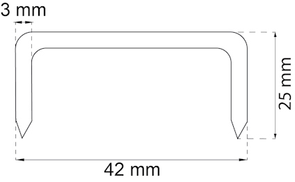 Skiss av en häftklammer med måtten 42 mm bredd, 25 mm höjd och 3 mm tjocklek.