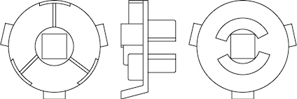 Ritning av en mekanisk del med tre vyer: front, sida och topp, med geometriska former och urtagningar.