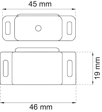 Två rektangulära ritningar med måtten 45x19 mm och 46x19 mm, båda med ovala hål och en central cirkel.