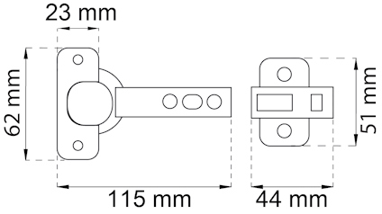 Ritning av en dörrregel med måtten 115x44 mm, 62x23 mm och 51x44 mm angivna.