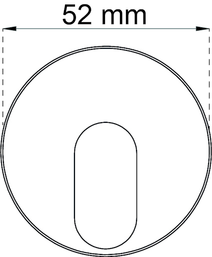 Diagram av ett cirkulärt lock med ett ovalt utskuret hål. Diameter: 52 mm.