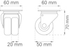 Teknisk ritning av två hjul, båda 60 mm breda, ett 70 mm högt, det andra 20 mm, 50 mm djup.