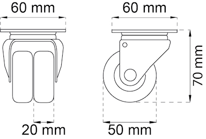 Teknisk ritning av två hjul, båda 60 mm breda, ett 70 mm högt, det andra 20 mm, 50 mm djup.