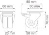 Ritning av möbelhjul. Mått: höjd 70 mm, total längd 80 mm, bredd 60 mm, hjuldiameter 50 mm, väggtjocklek 20 mm.