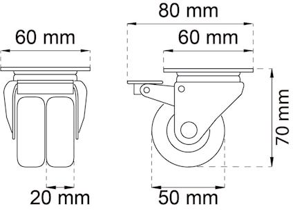 Ritning av möbelhjul. Mått: höjd 70 mm, total längd 80 mm, bredd 60 mm, hjuldiameter 50 mm, väggtjocklek 20 mm.