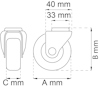 Svartvitt diagram över en hjulmekanism med måtten 40 mm, 33 mm, A mm, B mm och C mm markerade.