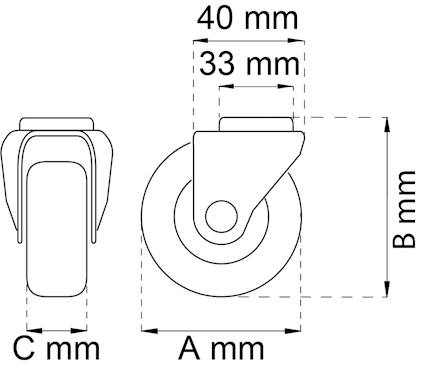 Ritning av en svängbar hjulmekanism med dimensioner: A: diameter, B: total höjd, C: bredd, 40 mm toppbredd, 33 mm hjulbredd.